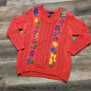 Vintage 80s 90s IB Diffusion Floral Embroidered Cable Knit Sweater Ramie Cotton